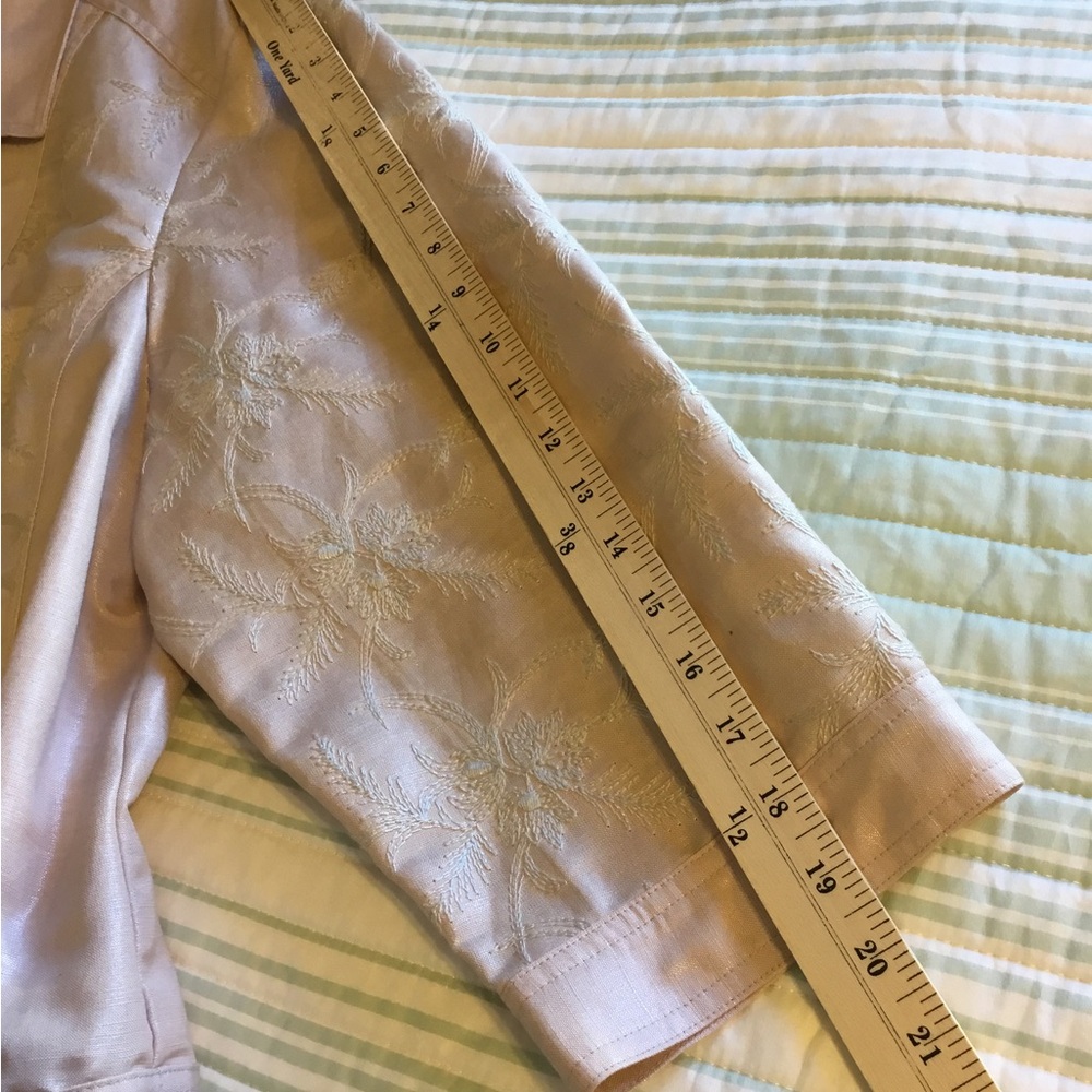 CHICO’S Light Pink Textured Linen size 4 (XXL=20) Blazer Jean jacket 3/4 sleeve - Picture 11 of 12